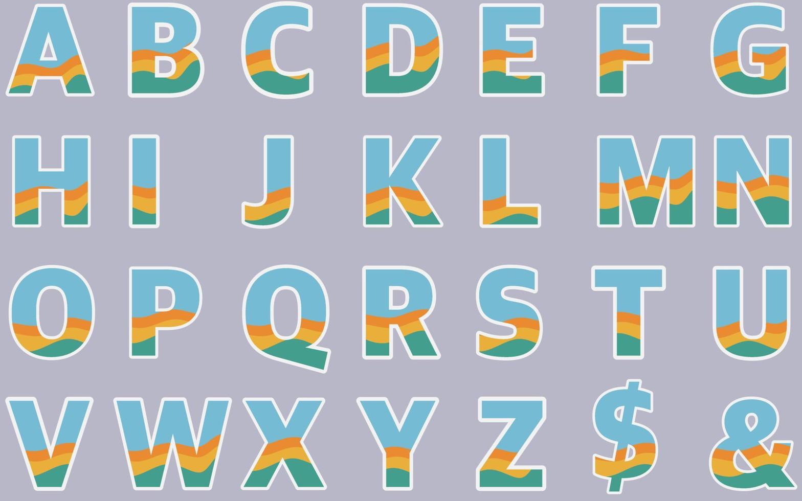 ABC alphabet font blue orange green white border font capital letter vector set