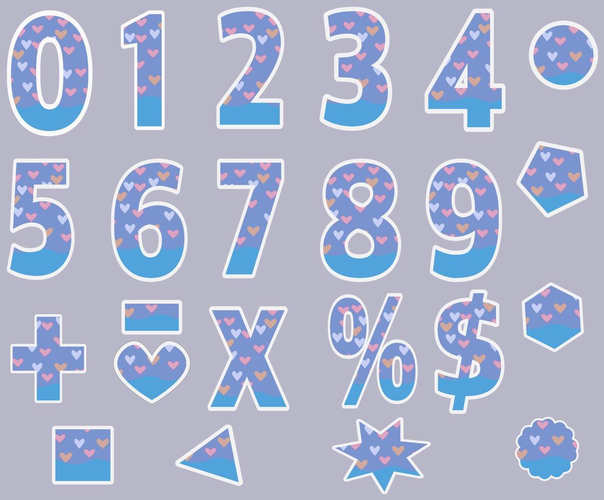 0 - 9 number alphabet font blue pink heart white border font letter vector set