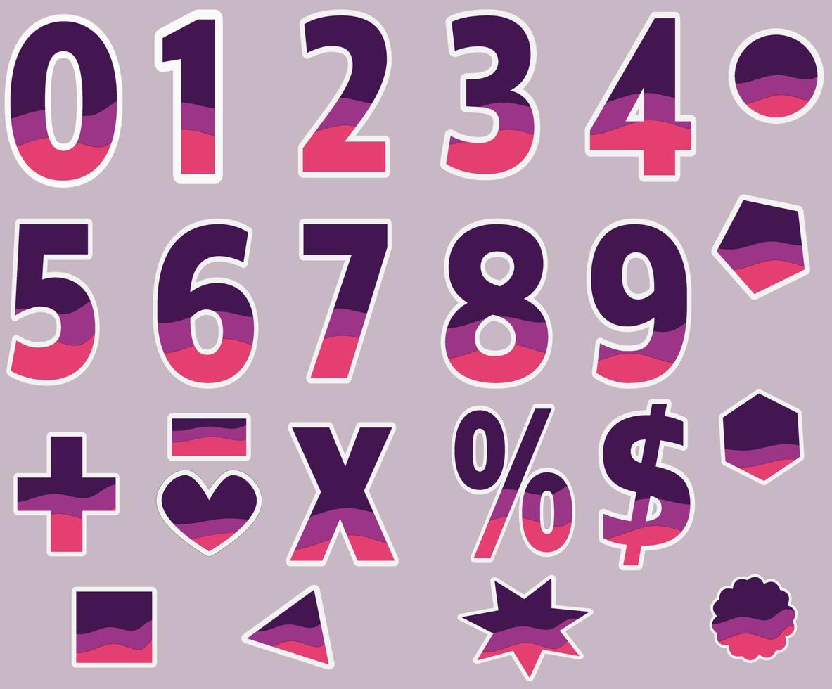 Number Set 0 to 9 Modern Purple pink with white border Font alphabet set vector