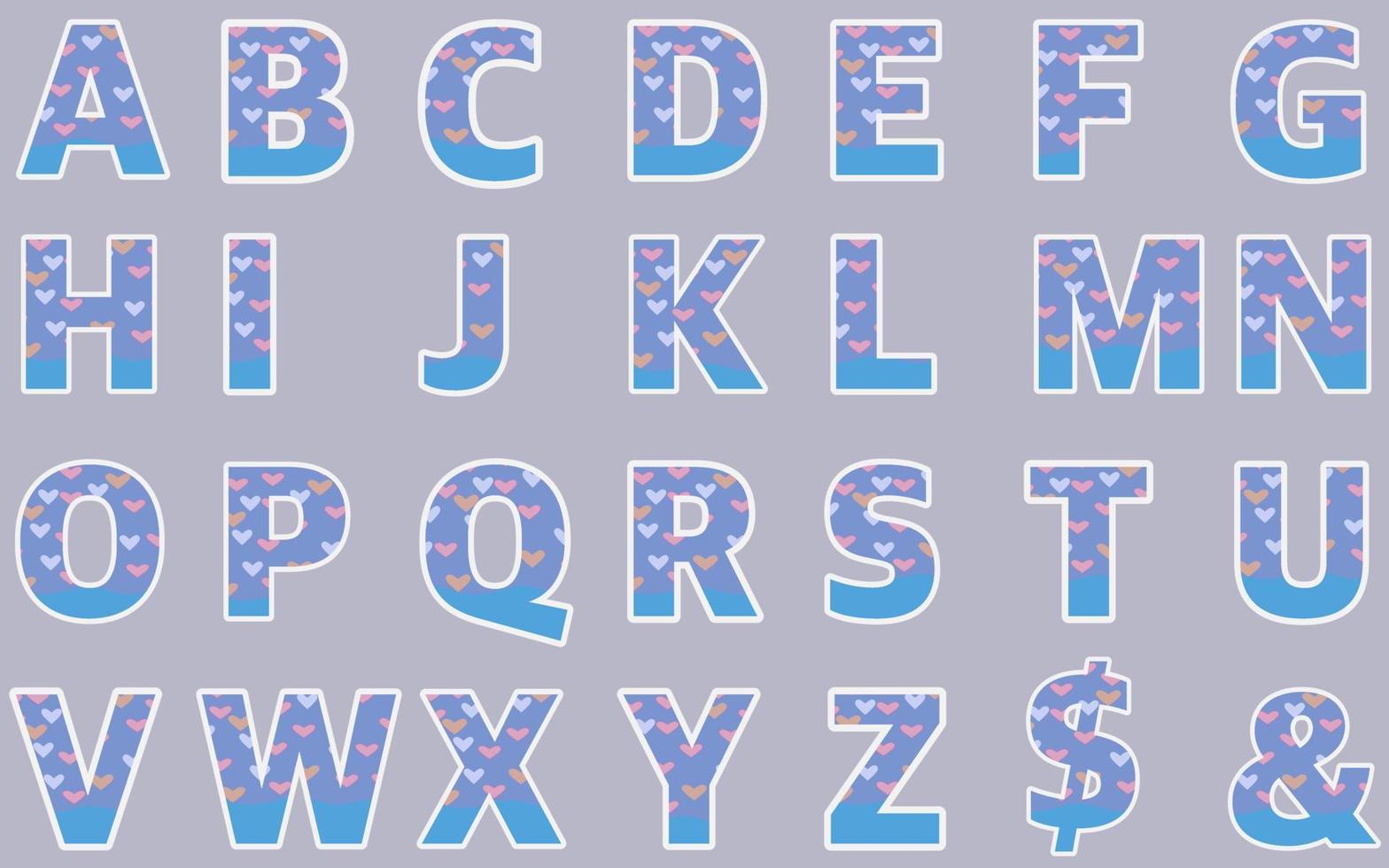 ABC alphabet Love heart blue pink color font vector set capital English letters