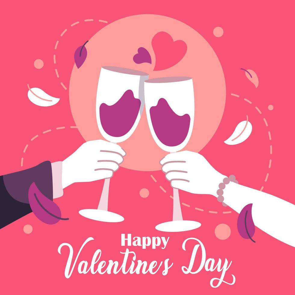 Hands holding glasses of red wine. Happy Valentines Day wine party. vector