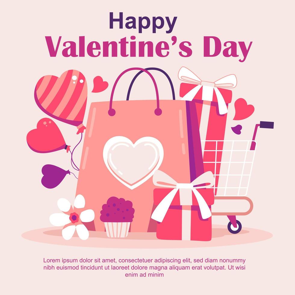 Happy Valentine's Day shopping cart banner. Smart business marketing concept. vector