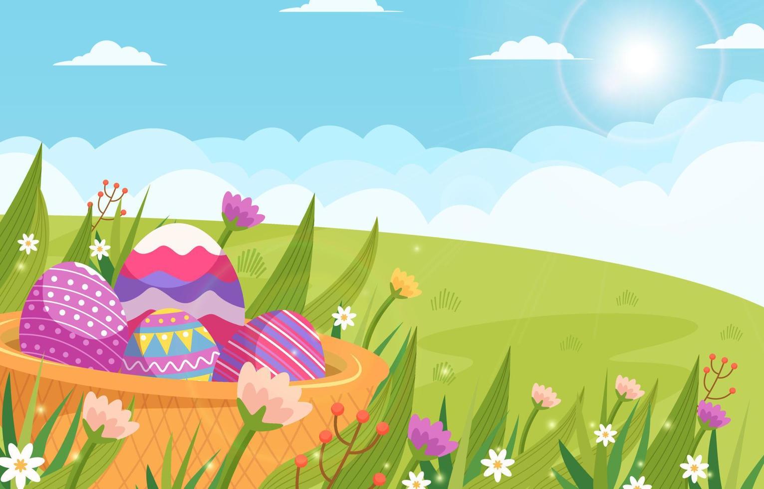 Happy Easter background with decorated eggs. Traditional colored Easter eggs with colorful flowers, green meadow and sky background. vector
