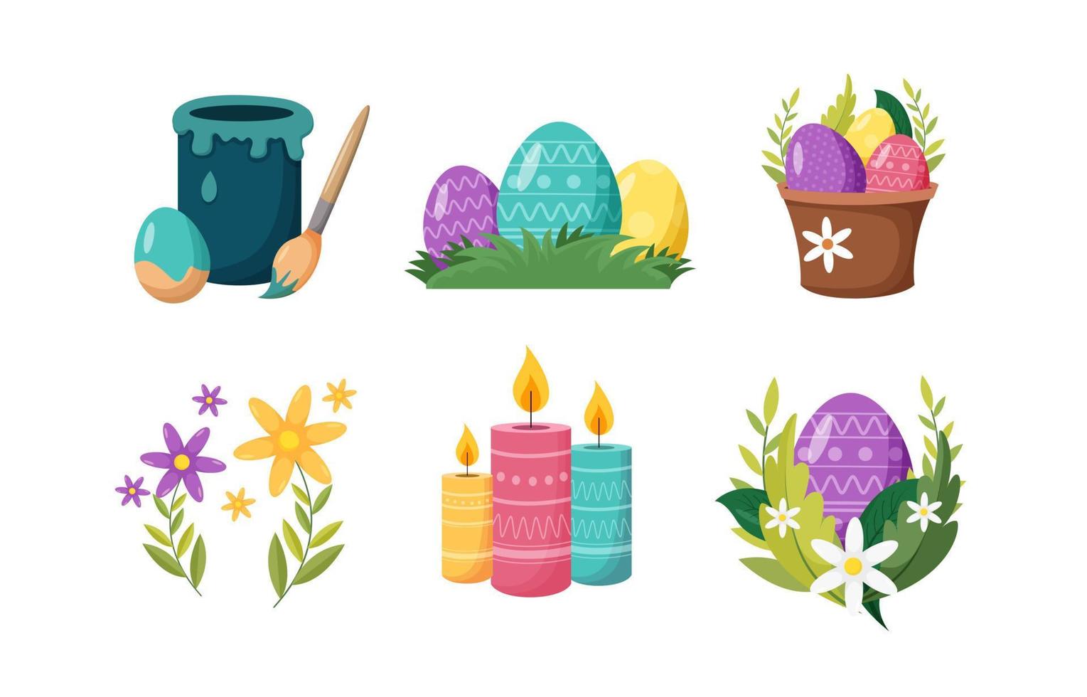 Happy Easter design element with painted eggs, flowers and candles. Festival and cultural holiday concept. vector