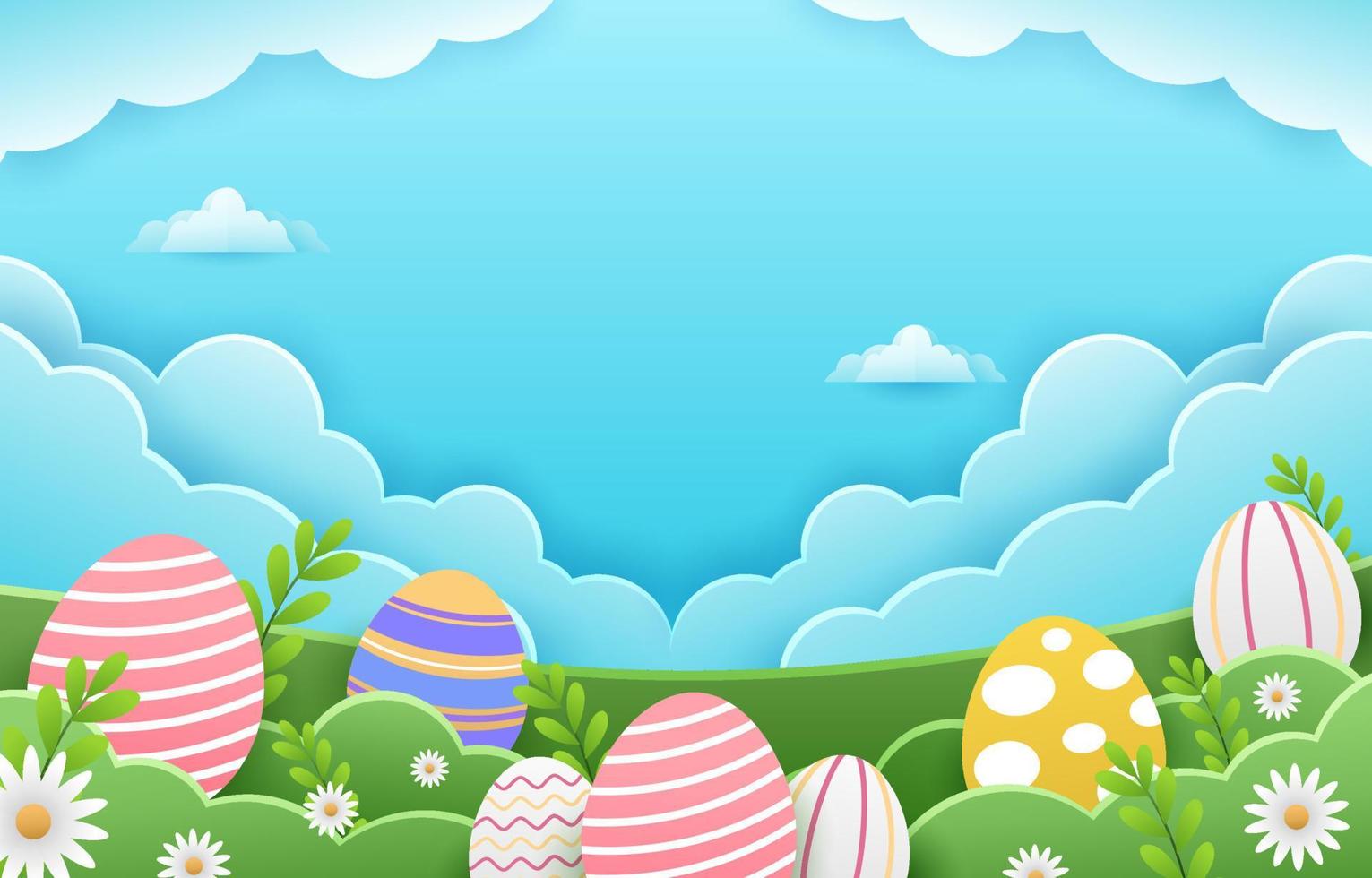 Happy Easter background with decorated Easter eggs. Traditional colored Easter eggs with flowers and sky background. vector