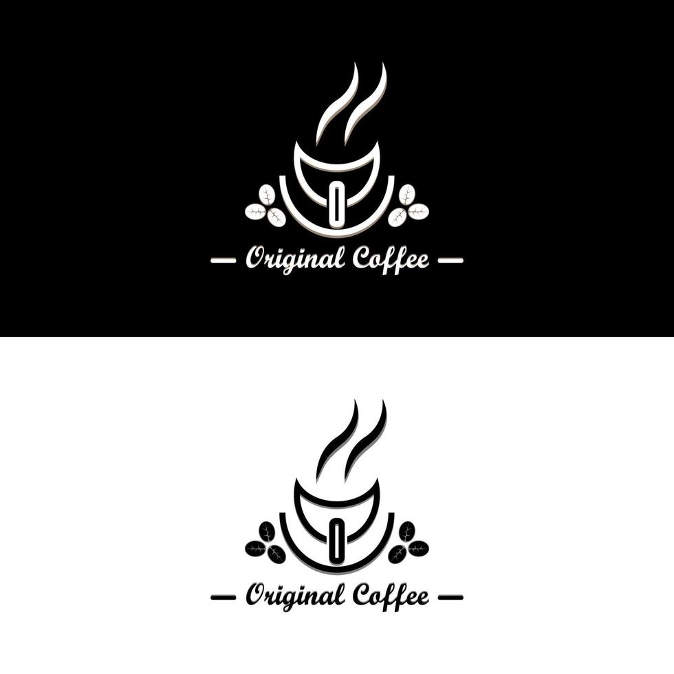 Small cup mug and coffee bean sprinkles around it in triangle shape for classic coffee shop logo vector