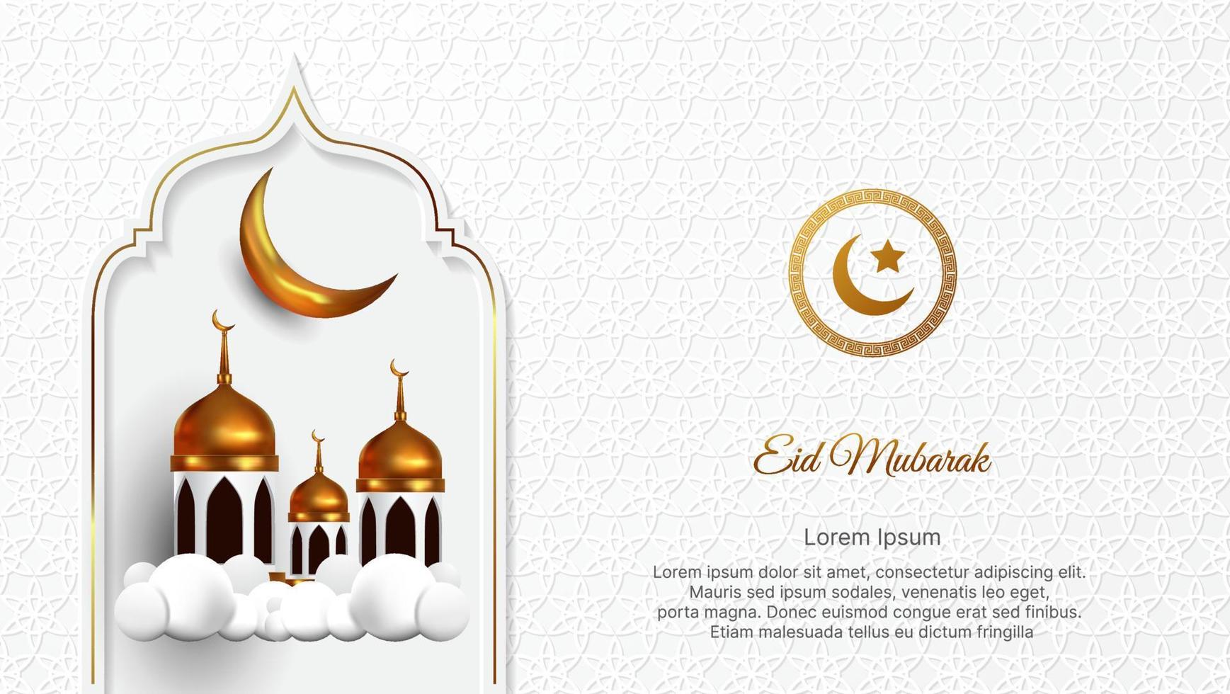 lujo eid Mubarak antecedentes en blanco y oro color con 3d islámico decoración. vector ilustración