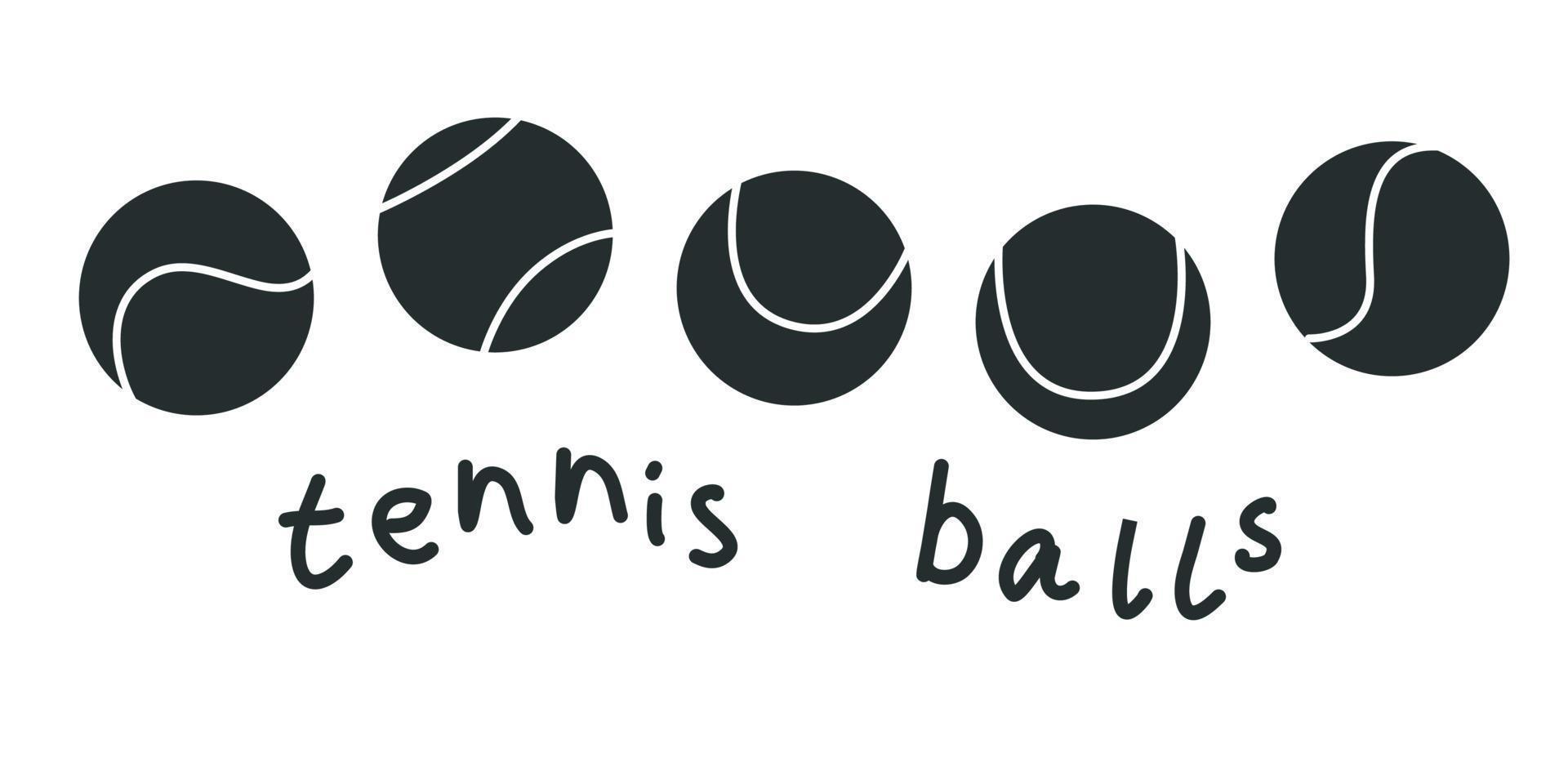 Flat vector silhouette illustration. Hand drawn different tennis balls