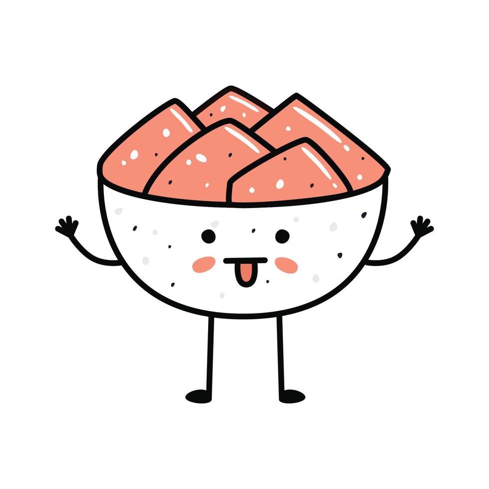 Kawaii sushi mascot in cartoon style. Cute ginger bowl for menu vector