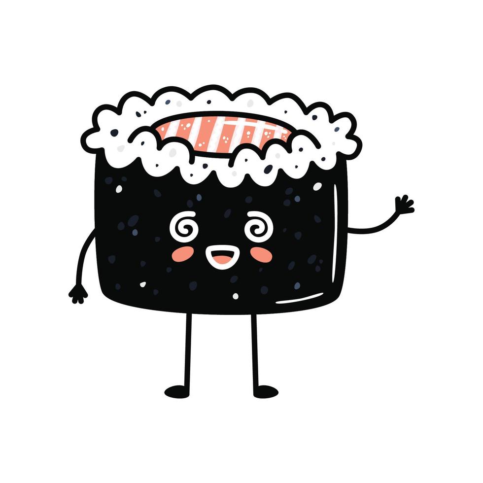 mascota de sushi kawaii en estilo de dibujos animados. lindo maki con salmón para menú vector
