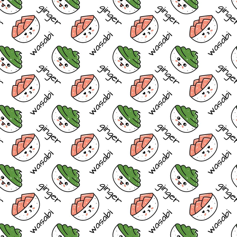 Kawaii sushi illustration. Vector flat hand drawn seamless pattern