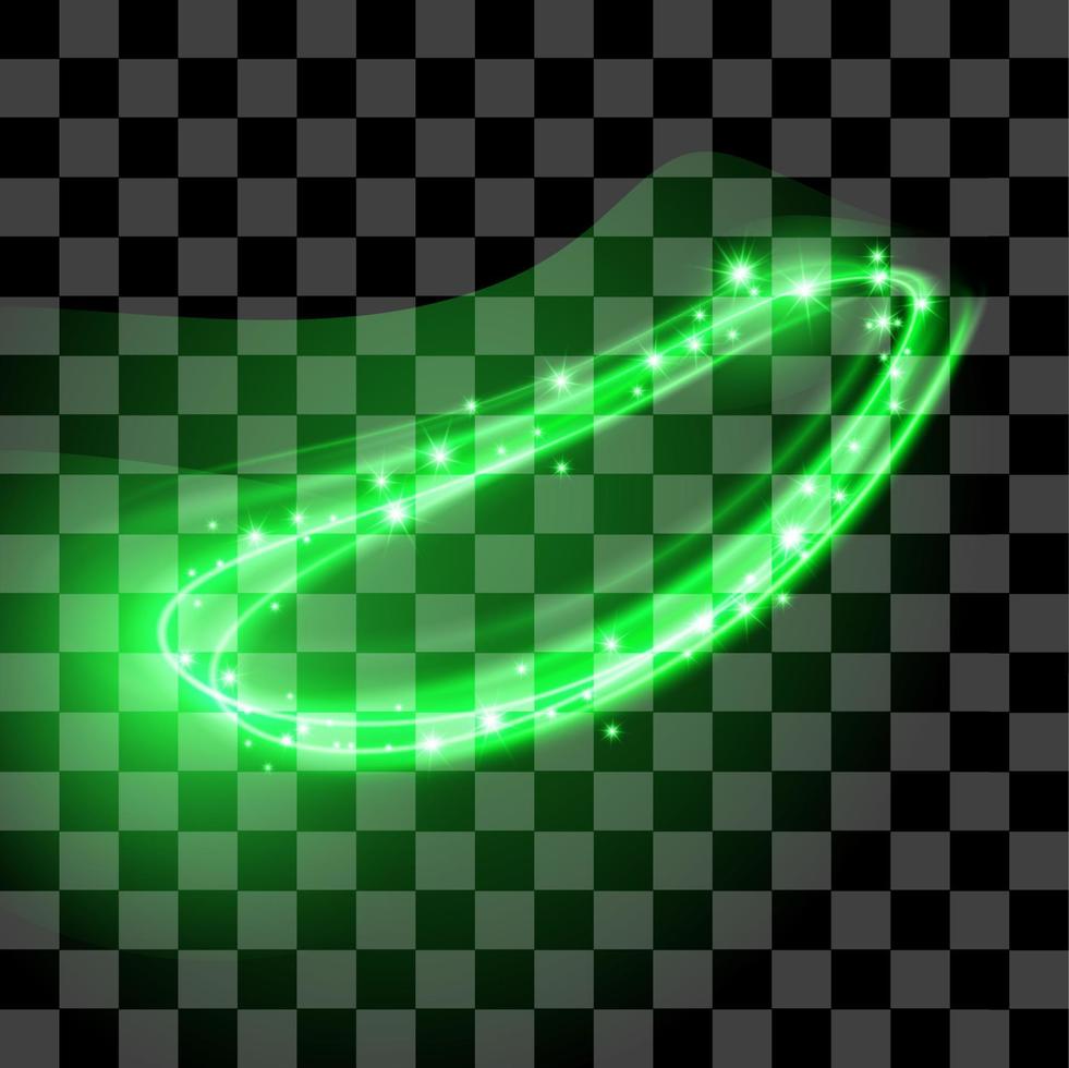 Vector green shape glowing lights on transparent background. Special effect light rays. Spark, star burst, flash. Spotlight flare. Illumination.