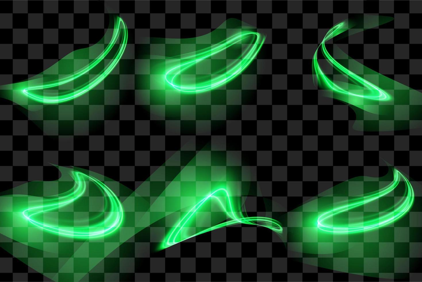 Set of Green Abstract Isolated Transparent Wave Lines for Black Background. Kit of Design Elements Smooth Wavy Vertical Curved Lines. vector