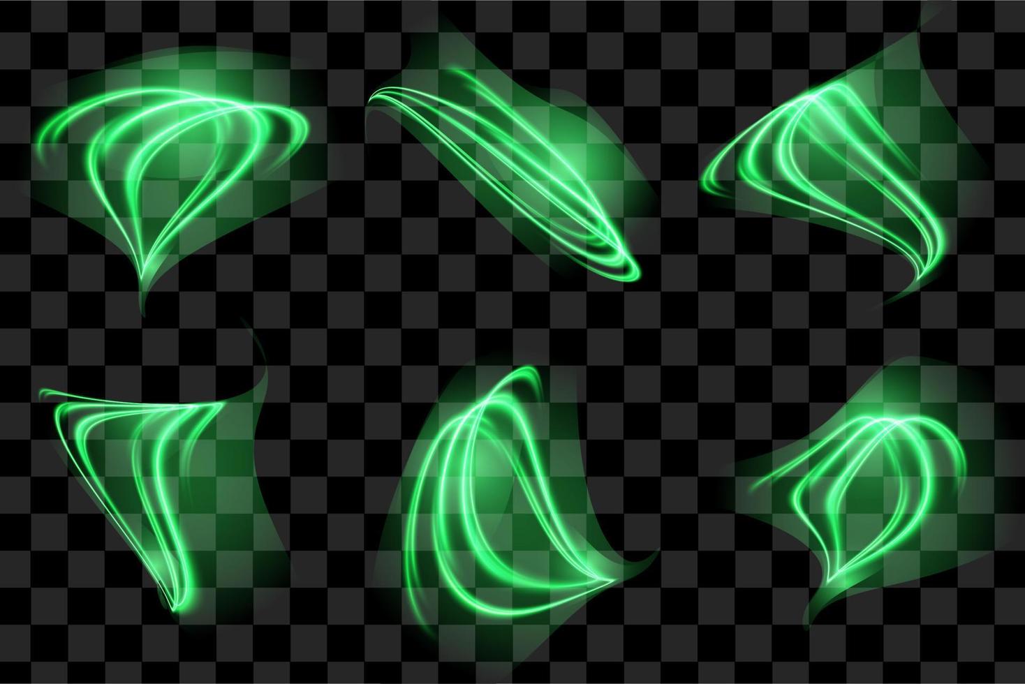 Set of Green Abstract Isolated Transparent Wave Lines for Black Background. Kit of Design Elements Smooth Wavy Vertical Curved Lines. vector