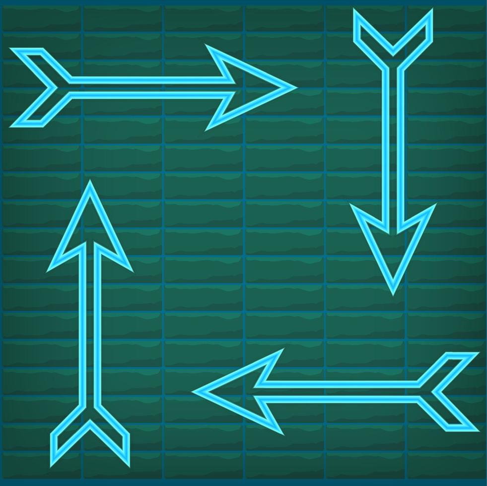 green turquoise or teal vector neon arrow icon on a brick wall background close-up. Bright design element