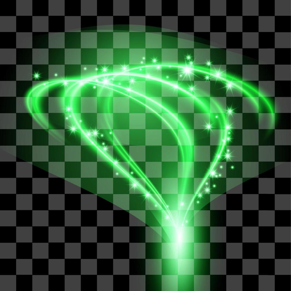 Vector green shape glowing lights on transparent background. Special effect light rays. Spark, star burst, flash. Spotlight flare. Illumination.