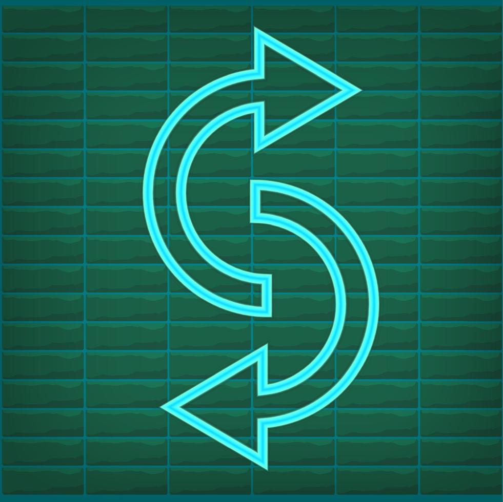 green turquoise or teal vector neon arrow icon on a brick wall background close-up. Bright design element
