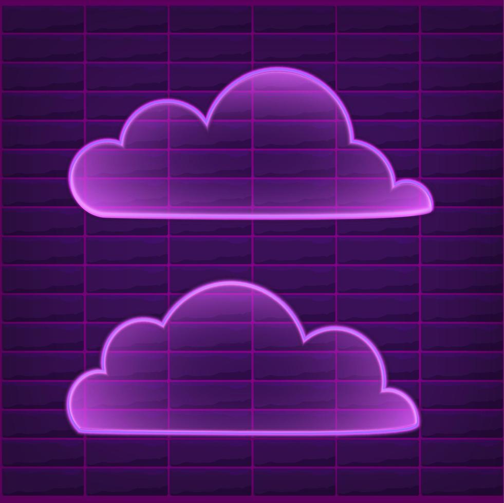 Vector Neon Clouds Set, Bright Purple Light, Icons Colelction Shining on Dark Background, Isolated Symbols.