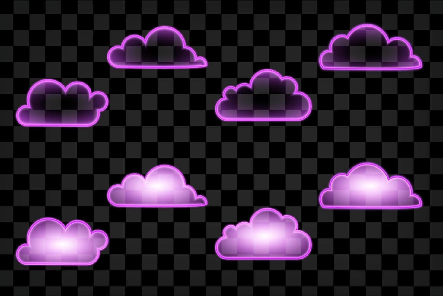 Vector Neon Clouds Set, Bright Purple Light, Icons Colelction Shining on Dark Background, Isolated Symbols.