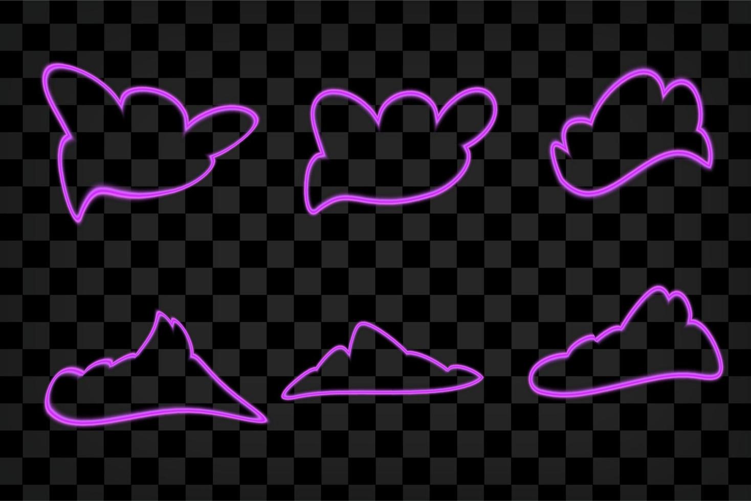 Vector Neon Clouds Set, Bright Purple Light, Icons Colelction Shining on Dark Background, Isolated Symbols.