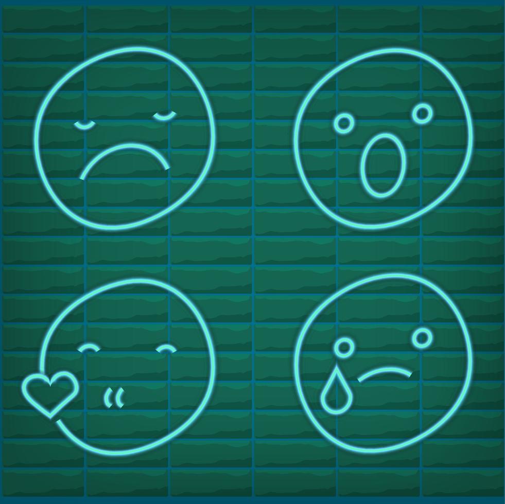 Vector green turquoise neon icon set for mood tracker. Ten scale of color lamp glowing emotion smiles from dissappoited to happy isolated on black. Emoticon element of UI design for client rating, fee