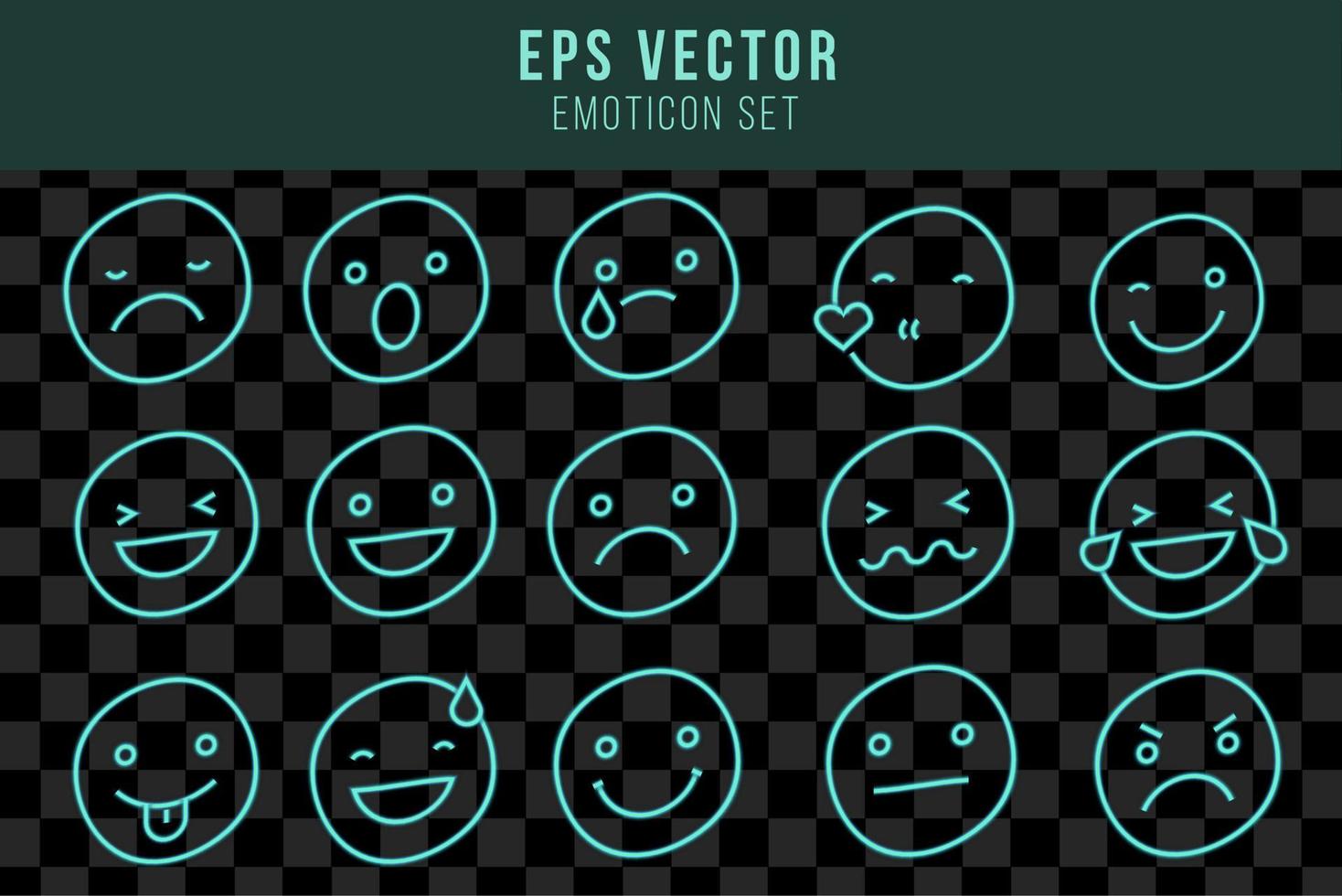 Vector green turquoise neon icon set for mood tracker. Ten scale of color lamp glowing emotion smiles from dissappoited to happy isolated on black. Emoticon element of UI design for client rating, fee