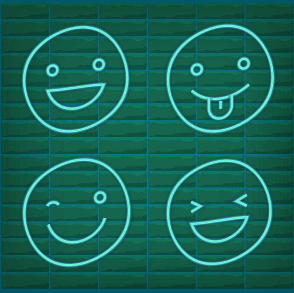 Vector green turquoise neon icon set for mood tracker. Ten scale of color  lamp glowing emotion smiles from dissappoited to happy isolated on black.  Emoticon element of UI design for client rating,
