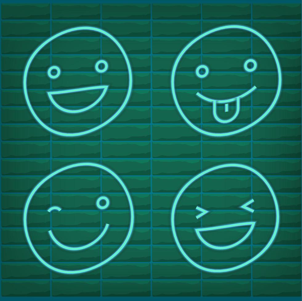 Vector green turquoise neon icon set for mood tracker. Ten scale of color lamp glowing emotion smiles from dissappoited to happy isolated on black. Emoticon element of UI design for client rating, fee