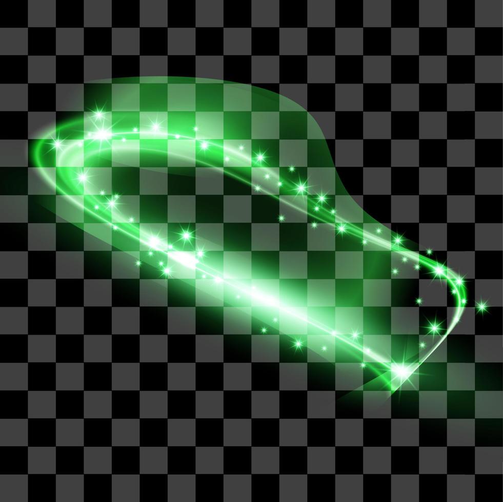 Green shape glitter particles, shine confetti and glowing lights effect. Vector magic fireflies, fairytale bugs sparkle on night transparent background