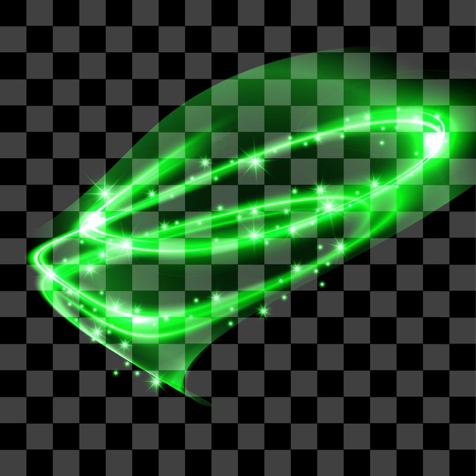 Green shape glitter particles, shine confetti and glowing lights effect. Vector magic fireflies, fairytale bugs sparkle on night transparent background
