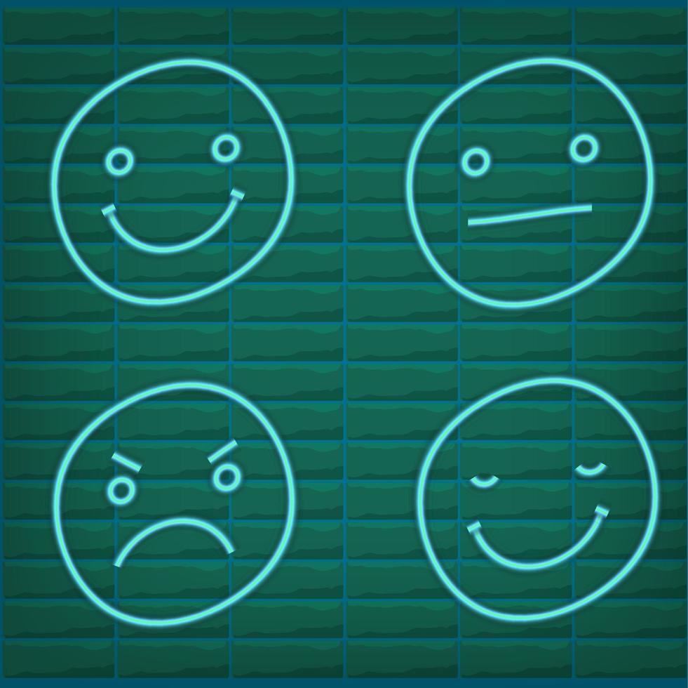 Vector green turquoise neon icon set for mood tracker. Ten scale of color lamp glowing emotion smiles from dissappoited to happy isolated on black. Emoticon element of UI design for client rating, fee