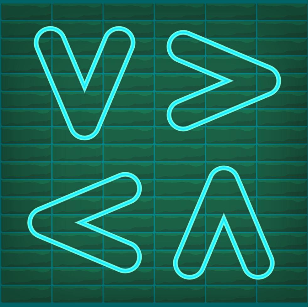 green turquoise or teal vector neon arrow icon on a brick wall background close-up. Bright design element