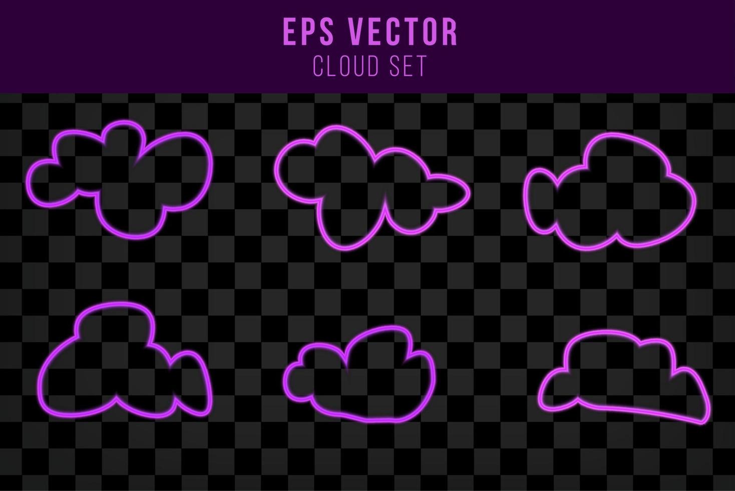 Vector Neon Clouds Set, Bright Purple Light, Icons Colelction Shining on Dark Background, Isolated Symbols.