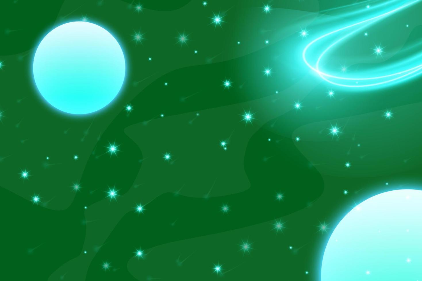 Beautiful teal or green turquoise galaxy background with nebula cosmos and comets. Stardust and bright shining stars in universal. Vector illustration.