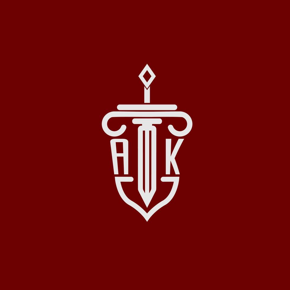AK initial logo monogram design for legal lawyer vector image with sword and shield
