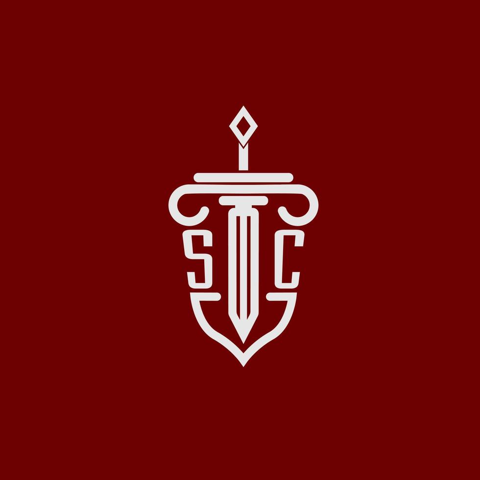 SC initial logo monogram design for legal lawyer vector image with sword and shield