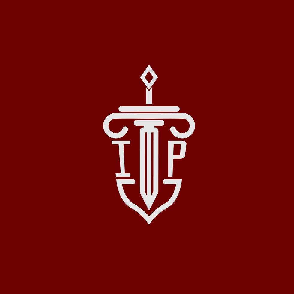 IP initial logo monogram design for legal lawyer vector image with sword and shield