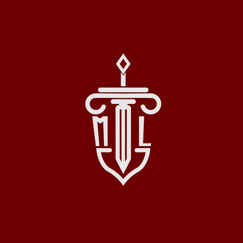 ML initial logo monogram design for legal lawyer vector image with sword and shield