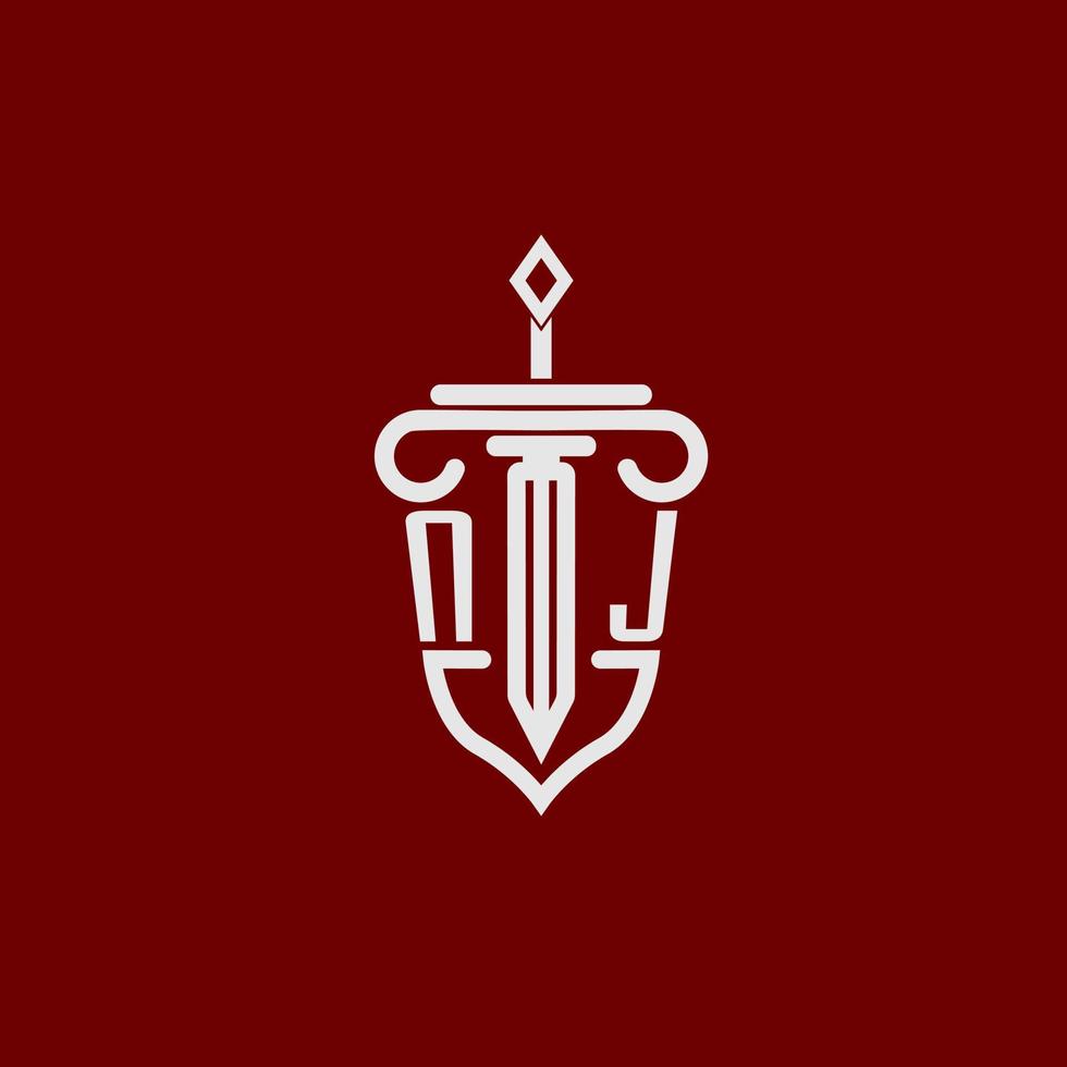 NJ initial logo monogram design for legal lawyer vector image with sword and shield