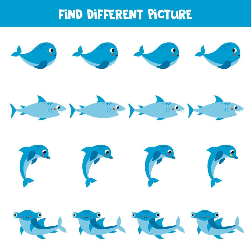 encontrar diferente mar animal en cada fila. lógico juego para preescolar niños. vector