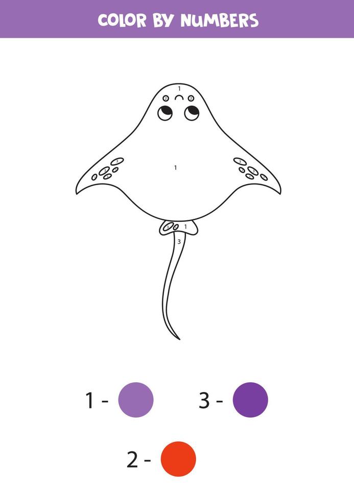 Color cute cartoon stingray by numbers. Worksheet for kids. vector