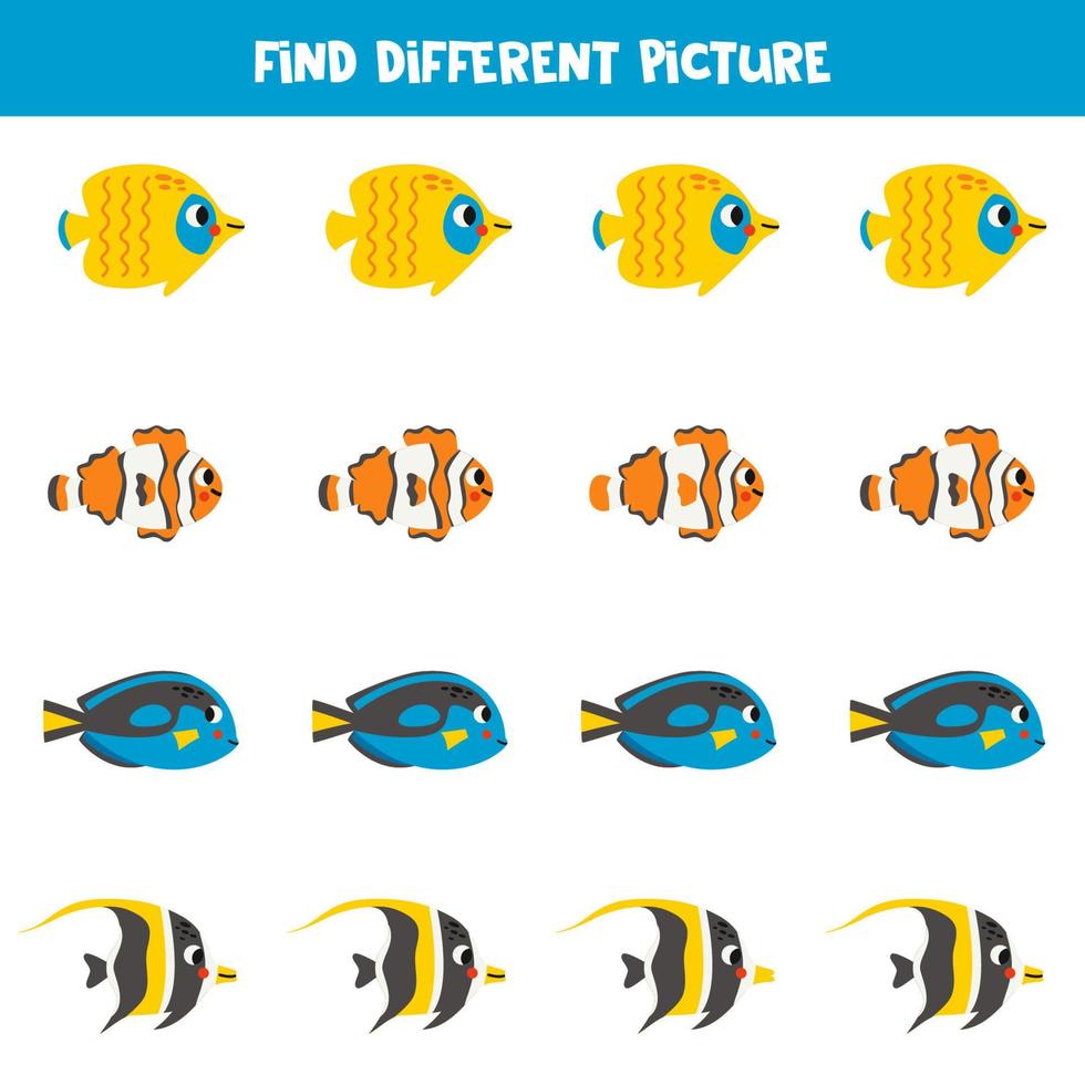 Find different sea fish in each row. Logical game for preschool kids. vector