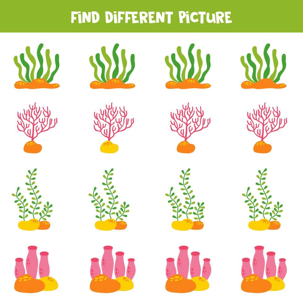 Find different seaweed in each row. Logical game for preschool kids. vector