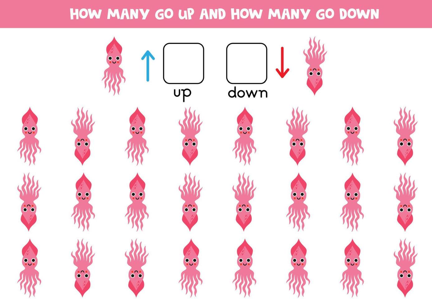 Up or down with cute cartoon squid. Educational game to learn up and down. vector