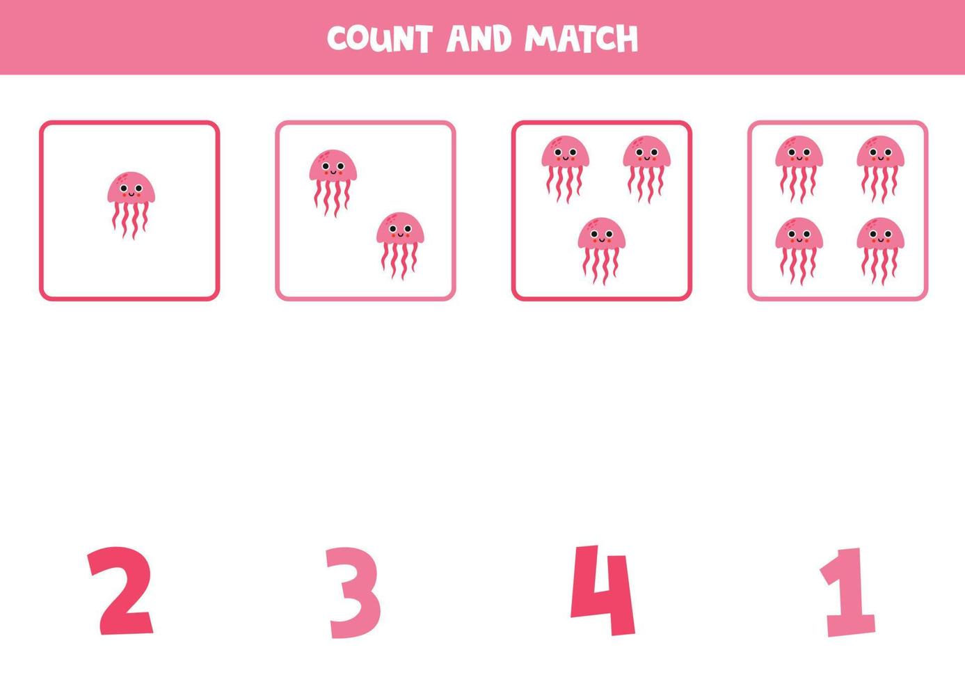 Counting game for kids. Count all cartoon jelly fish and match with numbers. Worksheet for children. vector