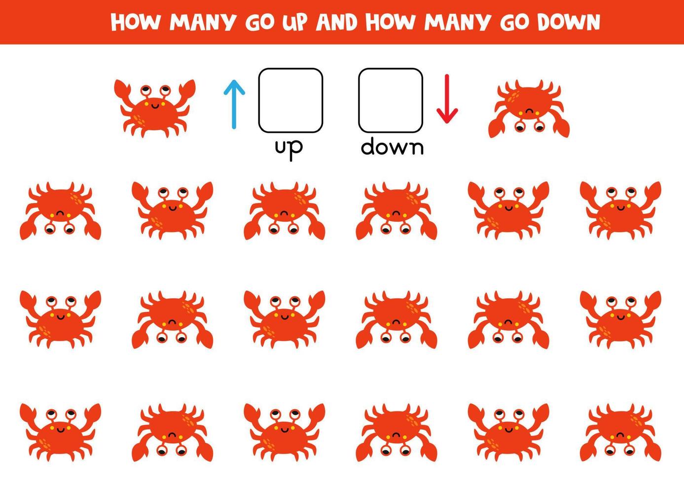 Up or down with cute cartoon red crab. Educational game for kids to learn directions. vector