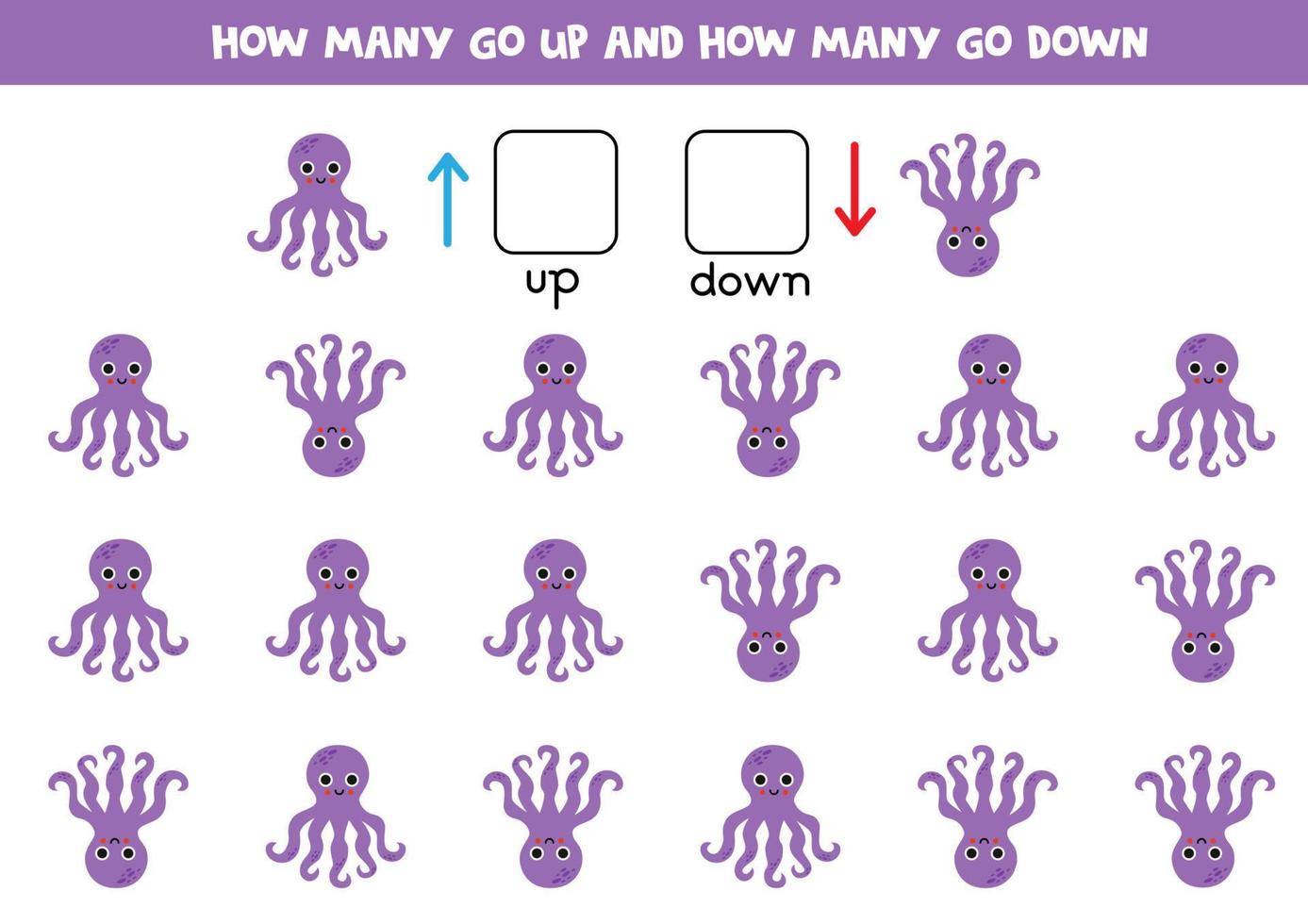 Up or down with cute cartoon octopus. Educational game for kids to learn directions. vector