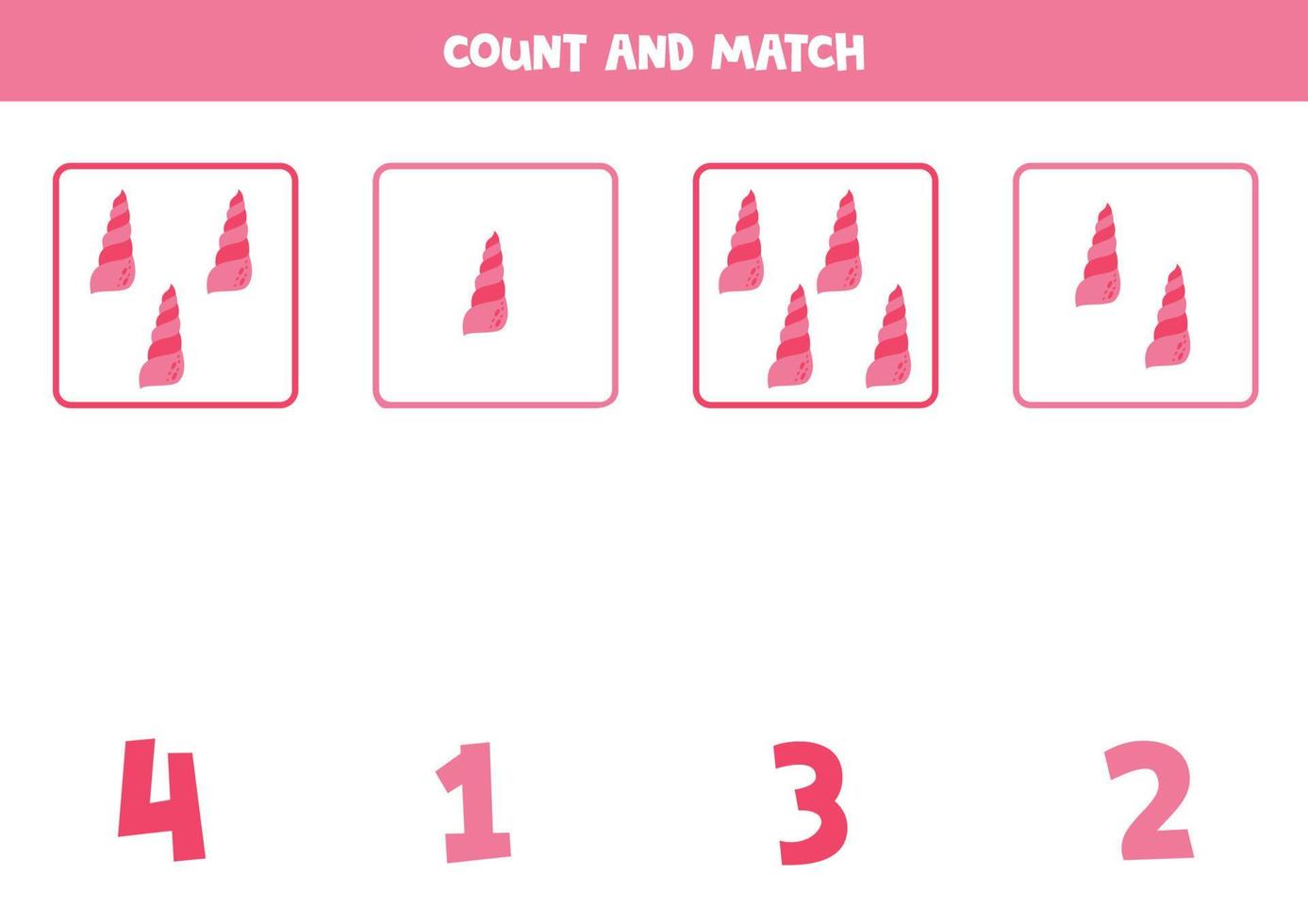 Counting game for kids. Count all cute pink seashells and match with numbers. Worksheet for children. vector