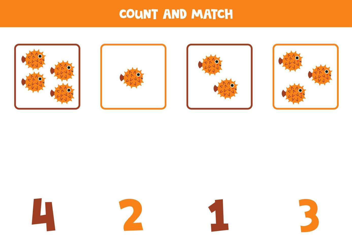 Counting game for kids. Count all cartoon puffer fish and match with numbers. Worksheet for children. vector