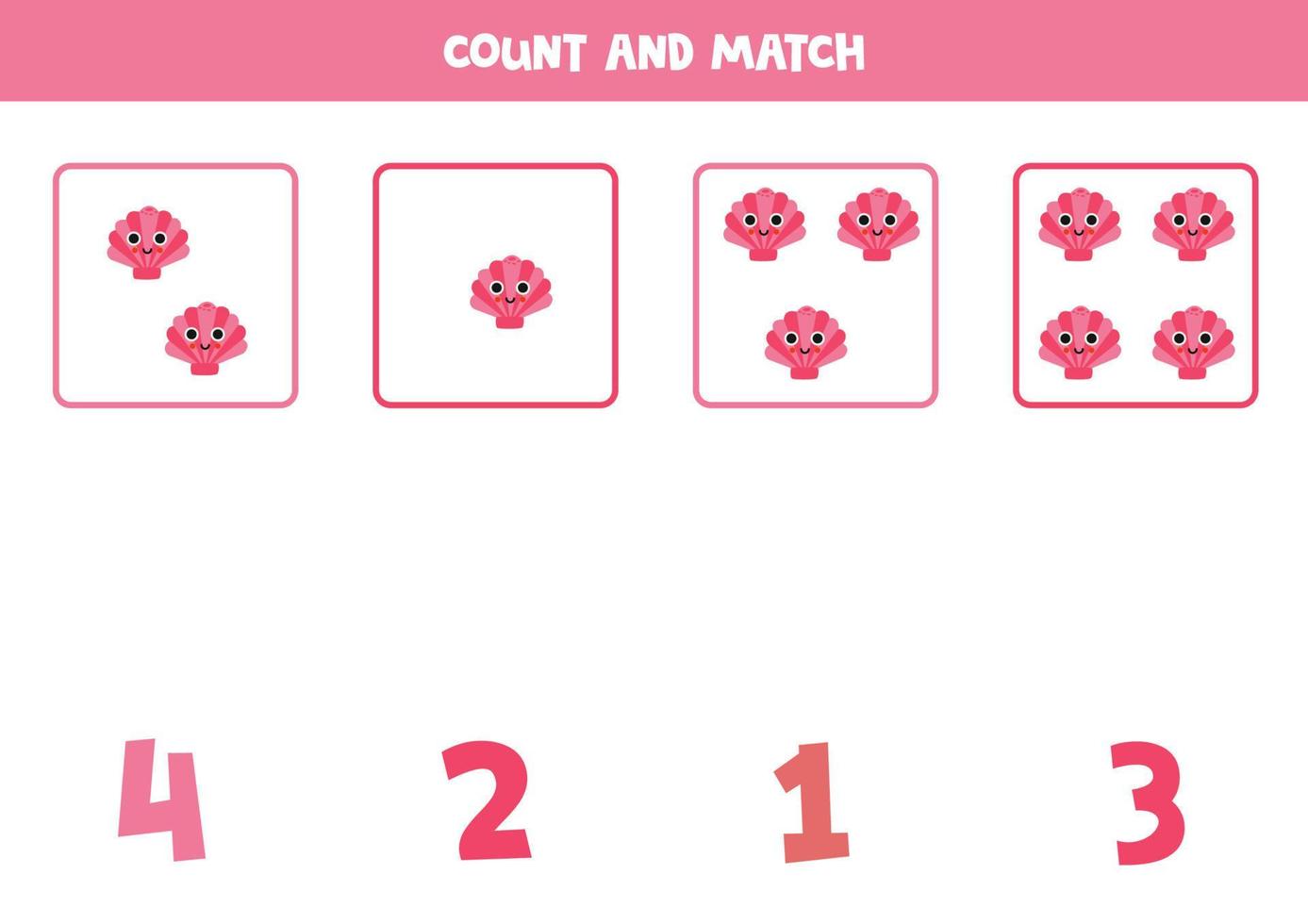 Counting game for kids. Count all cute pink seashells and match with numbers. Worksheet for children. vector